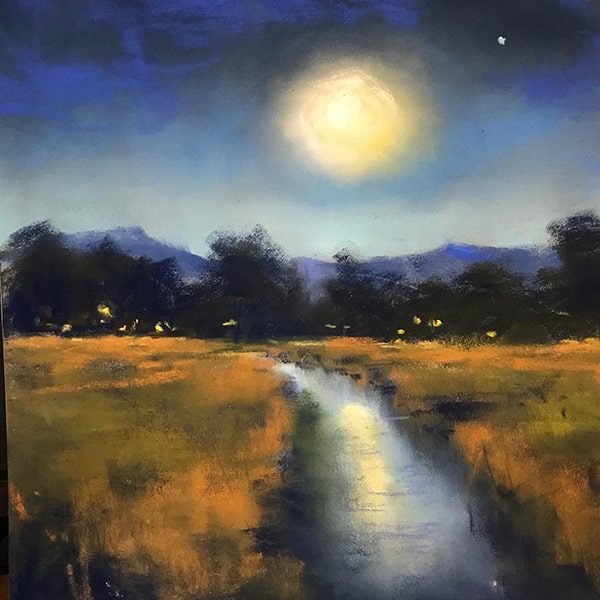 oil painting of a river at night