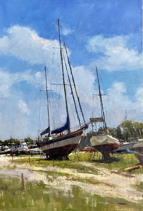 oil painting of boats on land