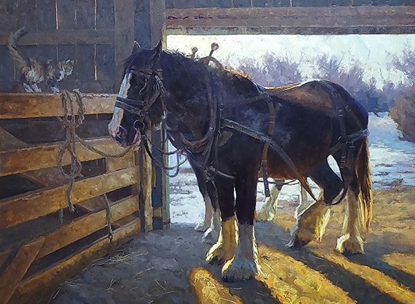 a Painting of horses in a barn