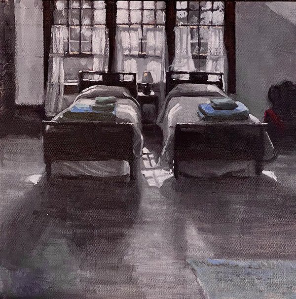 oil painting of two beds by a window