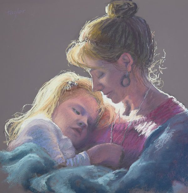 pastel painting of a woman with child