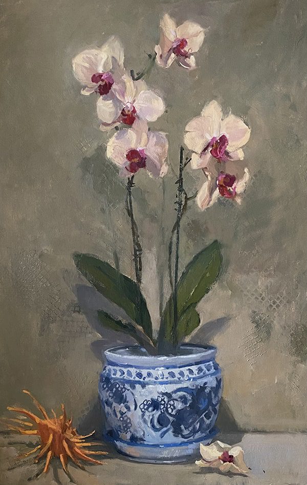 oil painting of orchid flowers in a vase