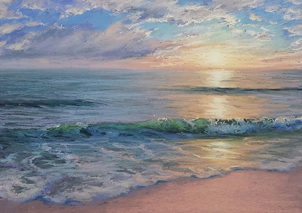 Pastel painting of ocean sunset