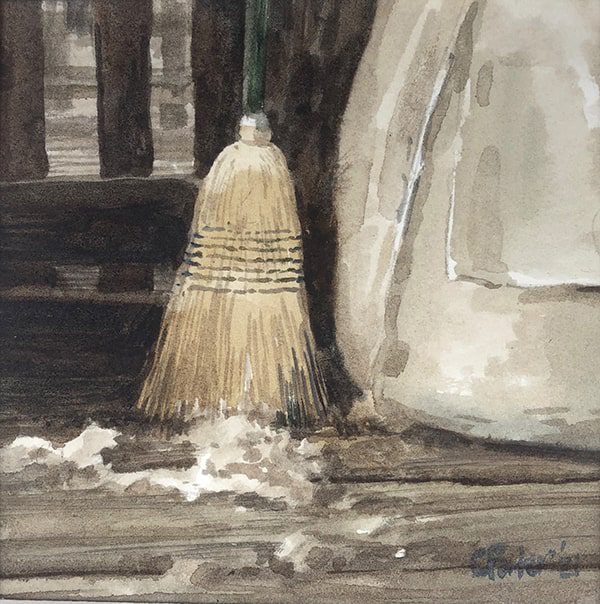 Watercolor painting of a brush on the floor