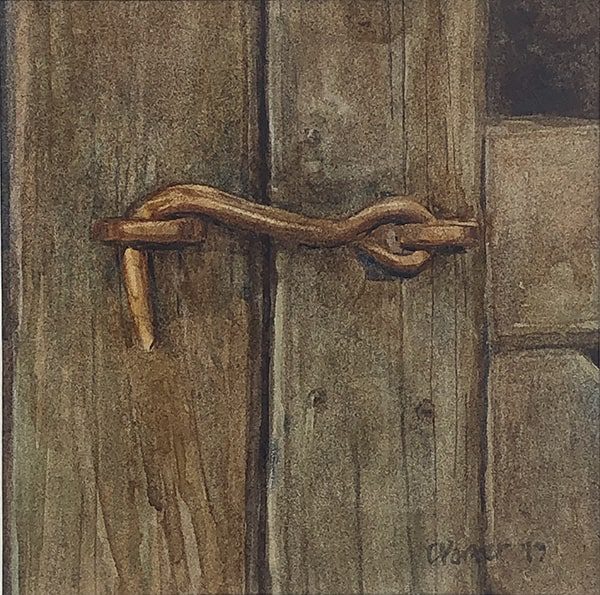 Watercolor painting of a barn door handle