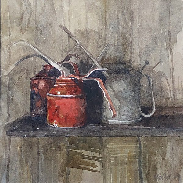 Watercolor painting of oil cans
