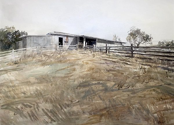 Watercolor painting of a barn