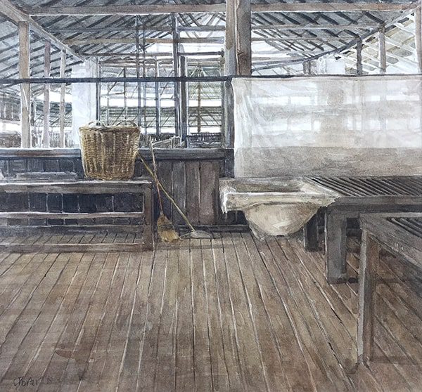 Watercolor painting of the inside of a barn