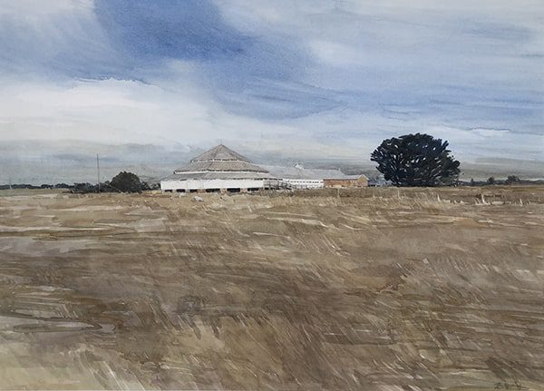 Watercolor painting of a building in a field