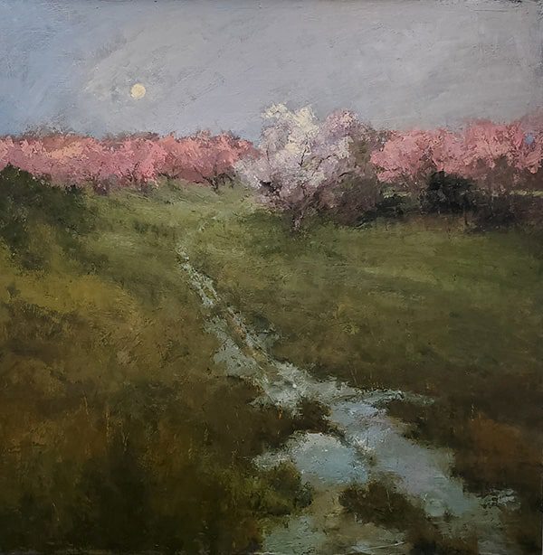 painting of pink bushes in a field