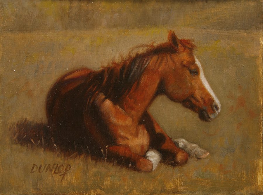 acrylic painting of a seated horse
